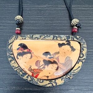 Vintage-Inspired Painted Geisha Half-Moon Pendant Necklace in Peach and Black